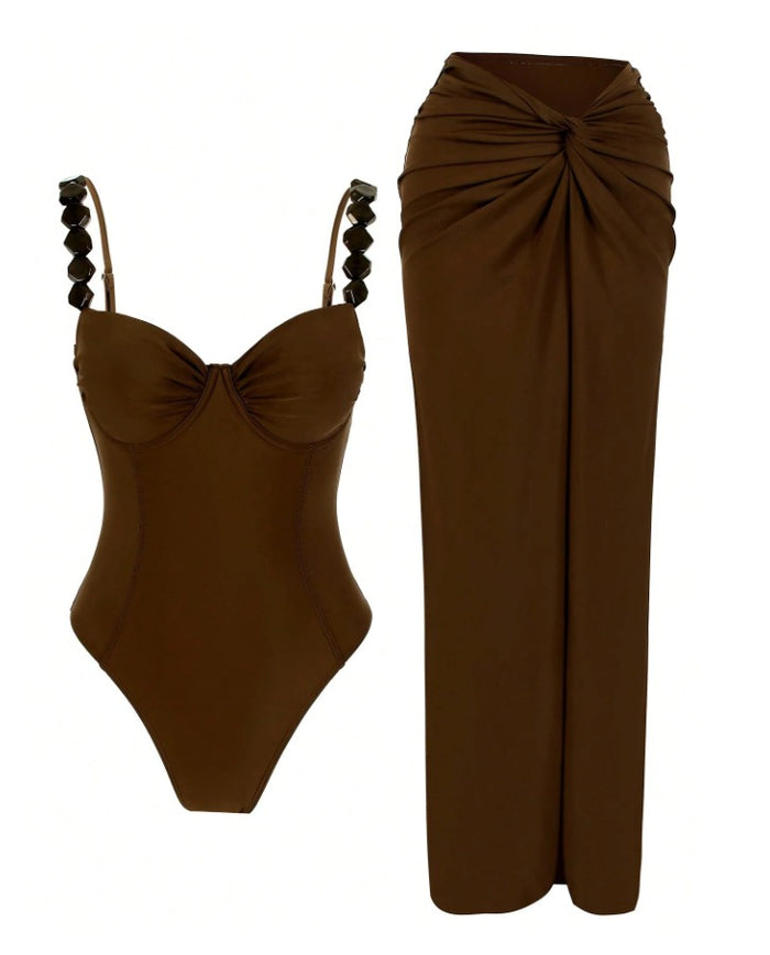 SHEIN Brown Beaded Strap Swimsuit & Matching Sarong Skirt Set - SHEIN Fast Delivery in 5 Days