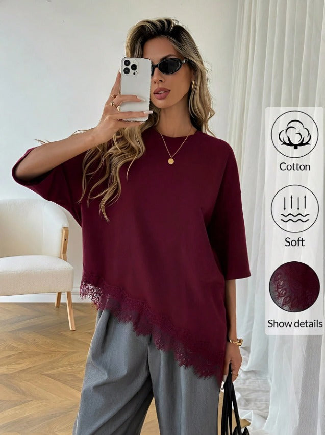 SHEIN Burgundy Cotton Lace Hem Oversized Top - SHEIN Fast Delivery in 5 Days