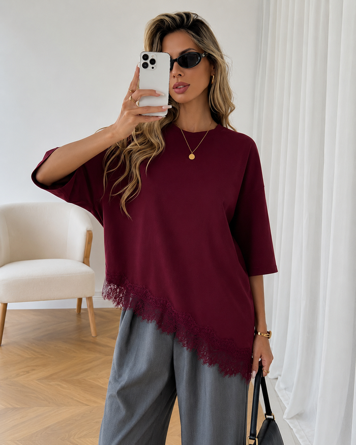 SHEIN Burgundy Cotton Lace Hem Oversized Top - SHEIN Fast Delivery in 5 Days