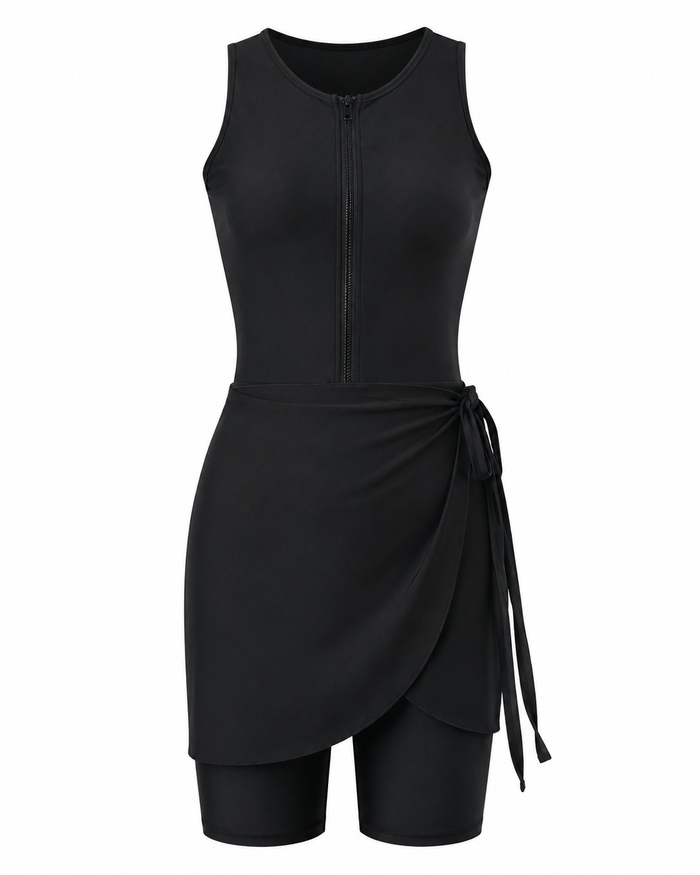 SHEIN Fast Delivery Black Modest Swimwear Set – Zip Front Sleeveless Swimsuit with Wrap Skirt