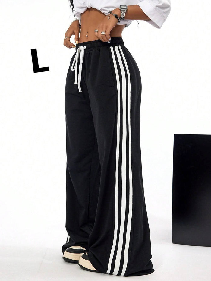 SHEIN Fast Delivery Black Wide Leg Track Pants – White Side Stripe Drawstring Sweatpants