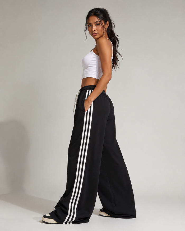 SHEIN Fast Delivery Black Wide Leg Track Pants – White Side Stripe Drawstring Sweatpants