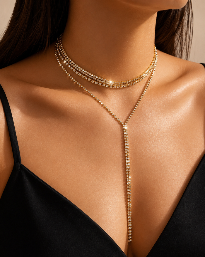 SHEIN Fast Delivery Gold Rhinestone Layered Y Necklace