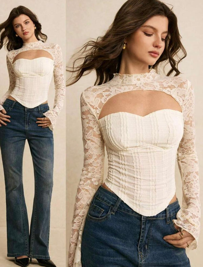 SHEIN Fast Delivery Ivory Lace Cutout Corset Top