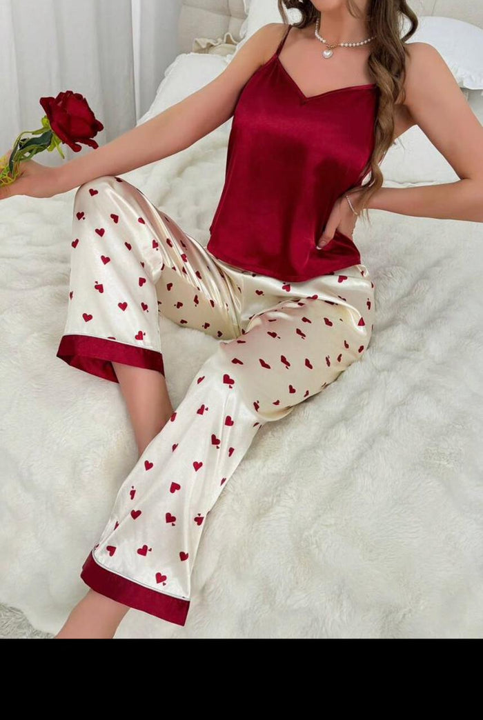 SHEIN Fast Delivery Red Satin Cami Pajama Set with Heart Print Pants