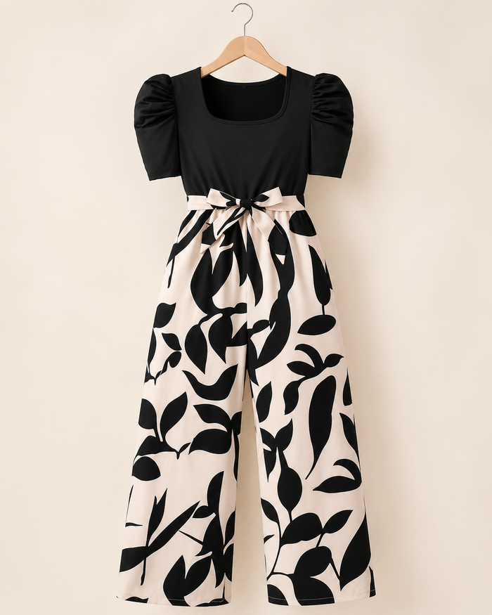 SHEIN Girls Black & Beige Floral Wide Leg Jumpsuit