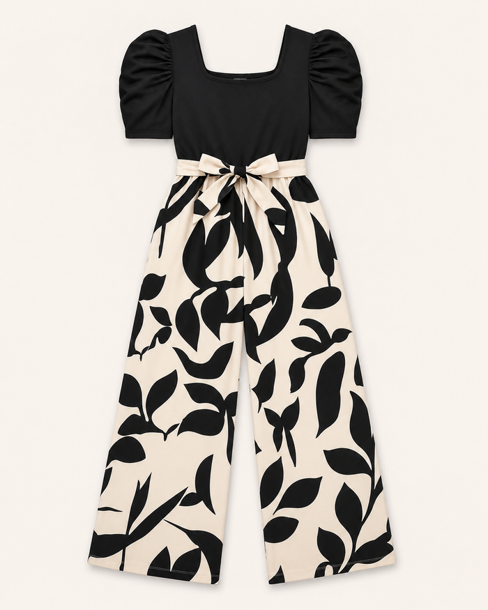 SHEIN Girls Black & Beige Floral Wide Leg Jumpsuit