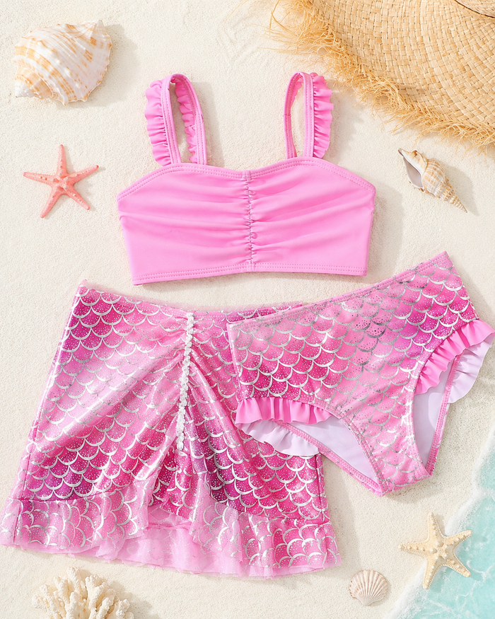SHEIN Girls Pink Mermaid Swim Set – 3 Piece Mermaid Print Beach Outfit, SHEIN Fast Delivery in 5 Days