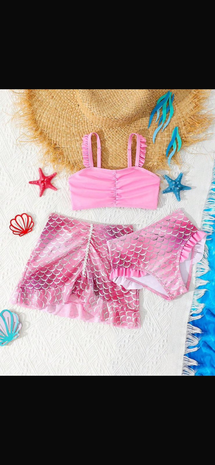 SHEIN Girls Pink Mermaid Swim Set – 3 Piece Mermaid Print Beach Outfit, SHEIN Fast Delivery in 5 Days