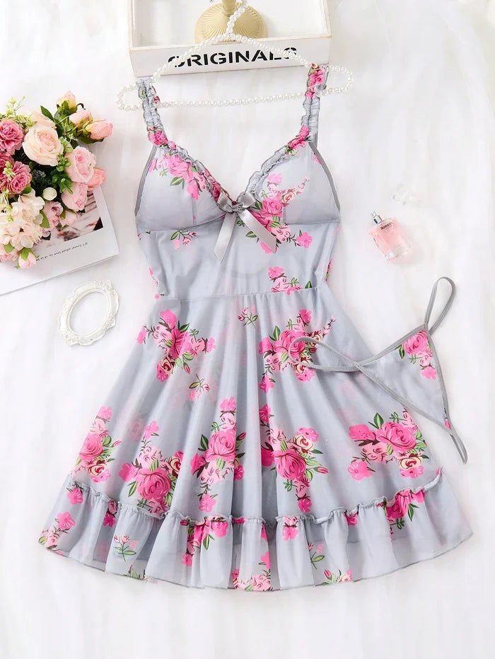 SHEIN Grey Floral Mesh Cami Nightdress Set - SHEIN Fast Delivery in 5 Days