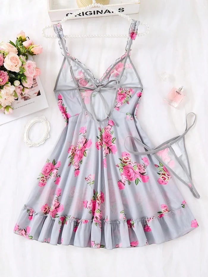 SHEIN Grey Floral Mesh Cami Nightdress Set - SHEIN Fast Delivery in 5 Days