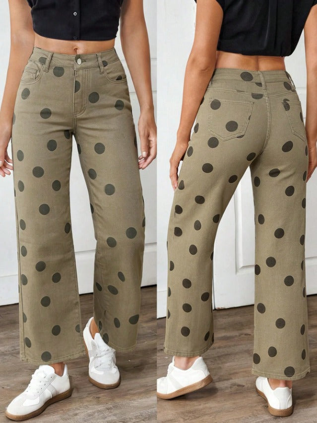 SHEIN Khaki Polka Dot Wide-Leg Jeans - SHEIN Fast Delivery in 5 Days