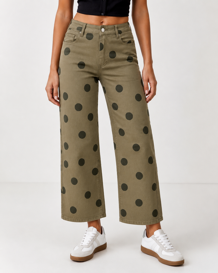 SHEIN Khaki Polka Dot Wide-Leg Jeans - SHEIN Fast Delivery in 5 Days