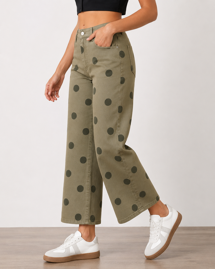 SHEIN Khaki Polka Dot Wide-Leg Jeans - SHEIN Fast Delivery in 5 Days