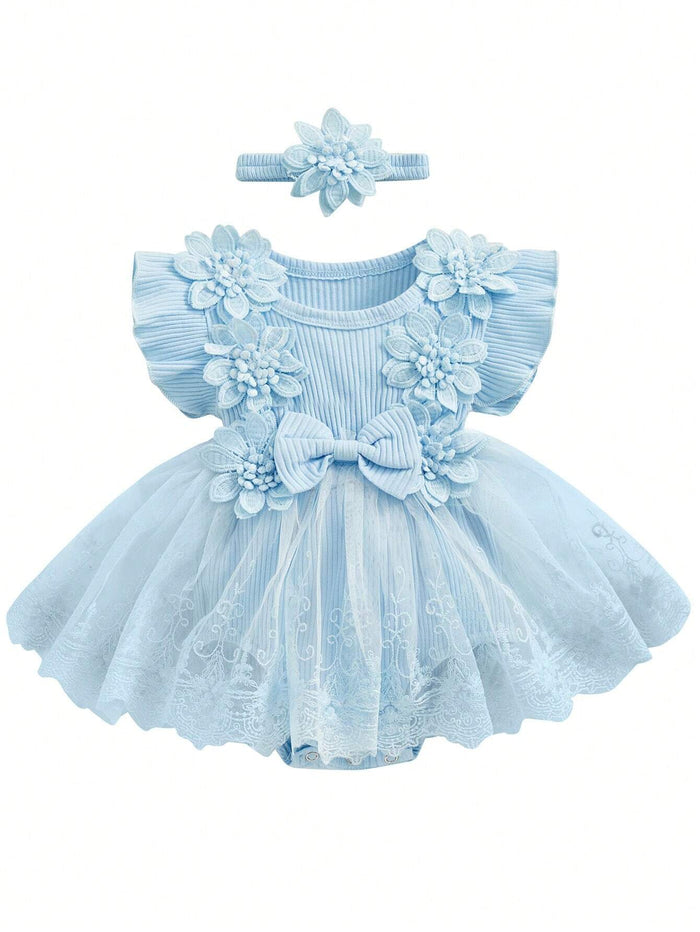 SHEIN Kids Blue Floral Tulle Dress Set - SHEIN Fast Delivery in 5 Days