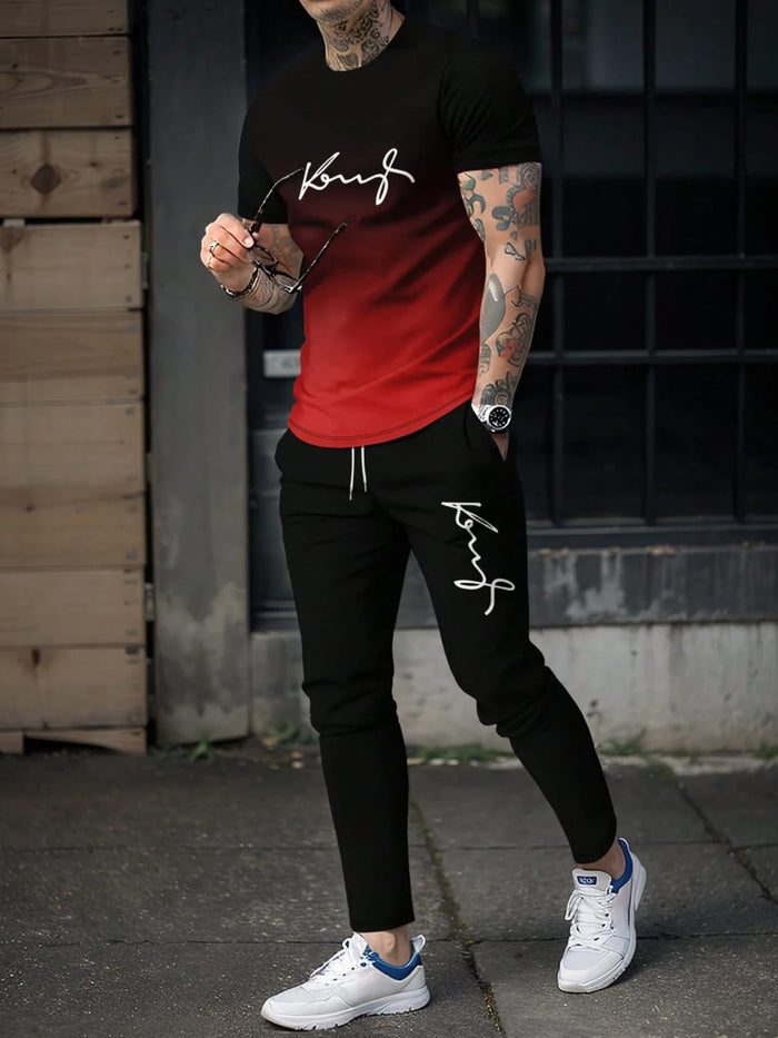 SHEIN Men’s Black & Red Gradient Casual Set – Ombre T-Shirt and Black Jogger Pants