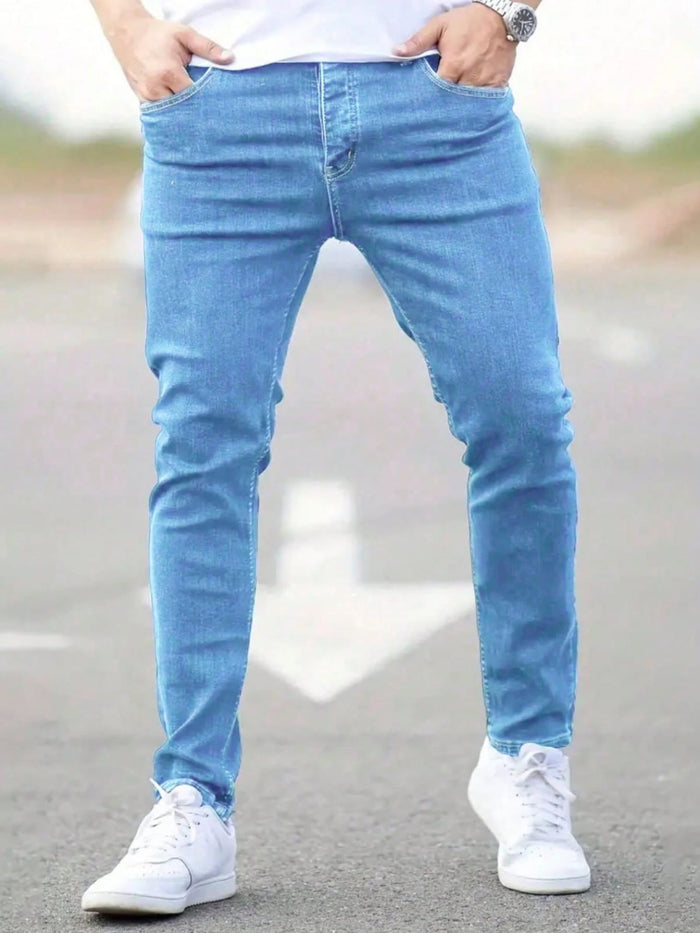 SHEIN Men’s Light Blue Slim Fit Jeans – Casual Stretch Denim Pants
