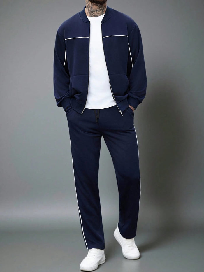SHEIN Men’s Navy Blue Zip-Up Tracksuit Set – Jacket and Matching Pants