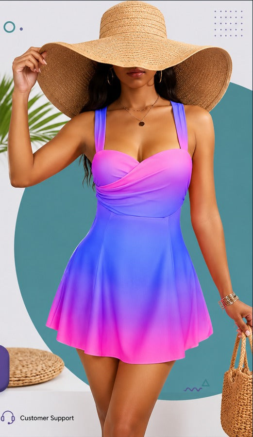 SHEIN Pink & Blue Gradient Halter Swim Dress - SHEIN Fast Delivery in 5 Days