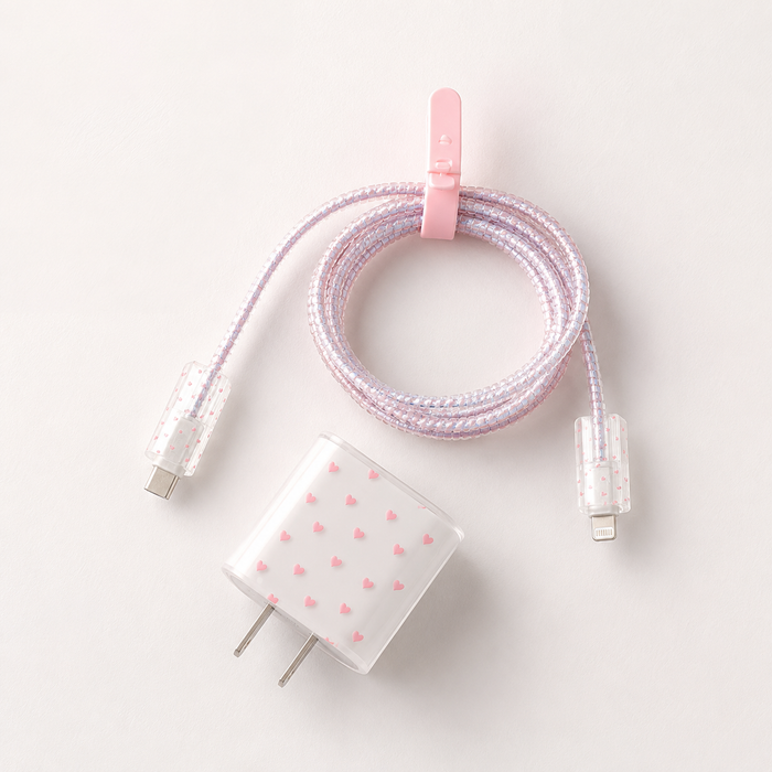 SHEIN Pink Fast Charging Cable & Adapter Set – Cute Heart Print Charger, Fast Delivery in 5 Days