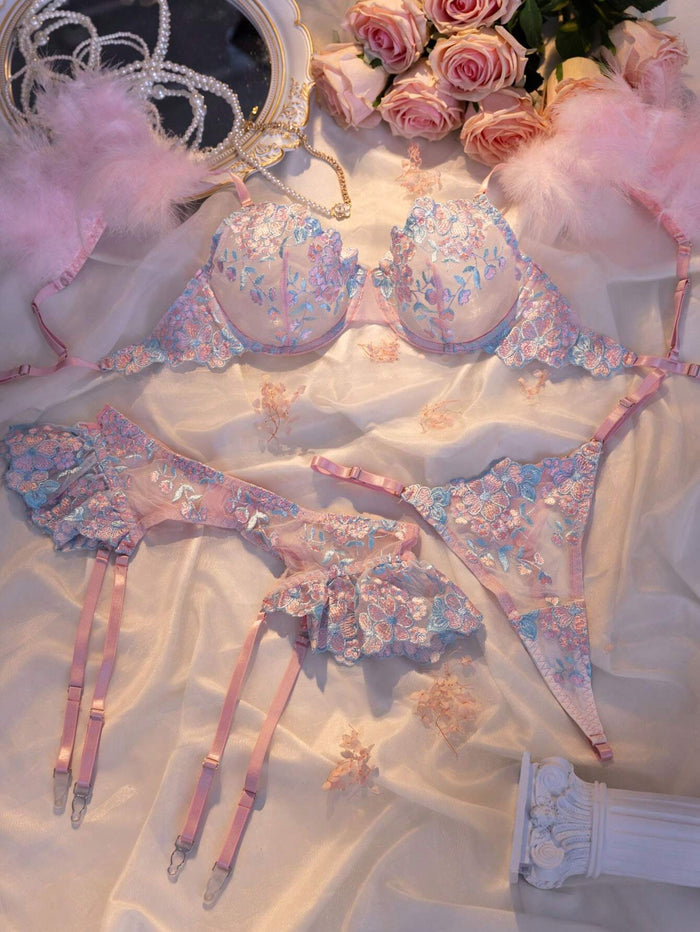 SHEIN Pink Floral Embroidered Lingerie Set - SHEIN Fast Delivery in 5 Days