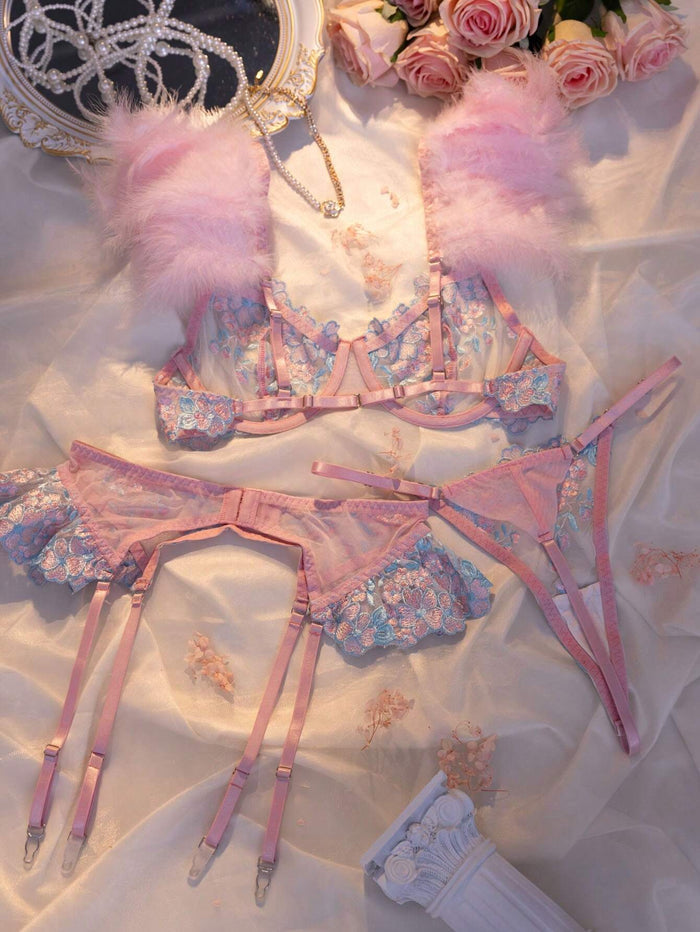SHEIN Pink Floral Embroidered Lingerie Set - SHEIN Fast Delivery in 5 Days