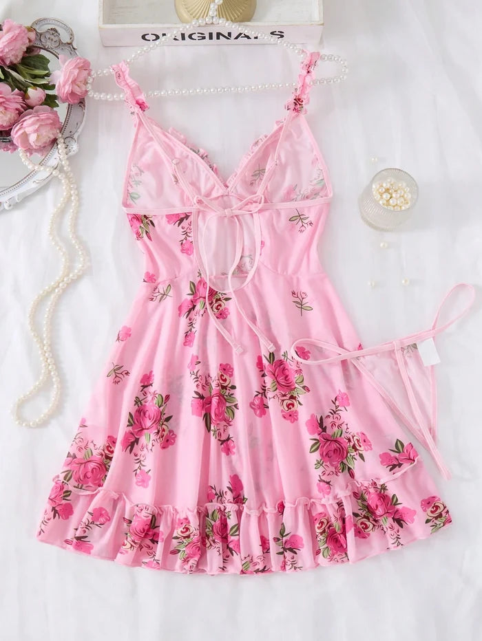 SHEIN Pink Floral Mesh Cami Nightdress Set - SHEIN Fast Delivery in 5 Days