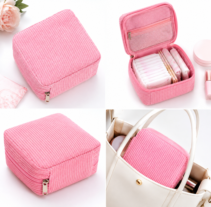 SHEIN Pink Ribbed Square Makeup Bag – Mini Cosmetic Storage Pouch, SHEIN Fast Delivery in 5 Days