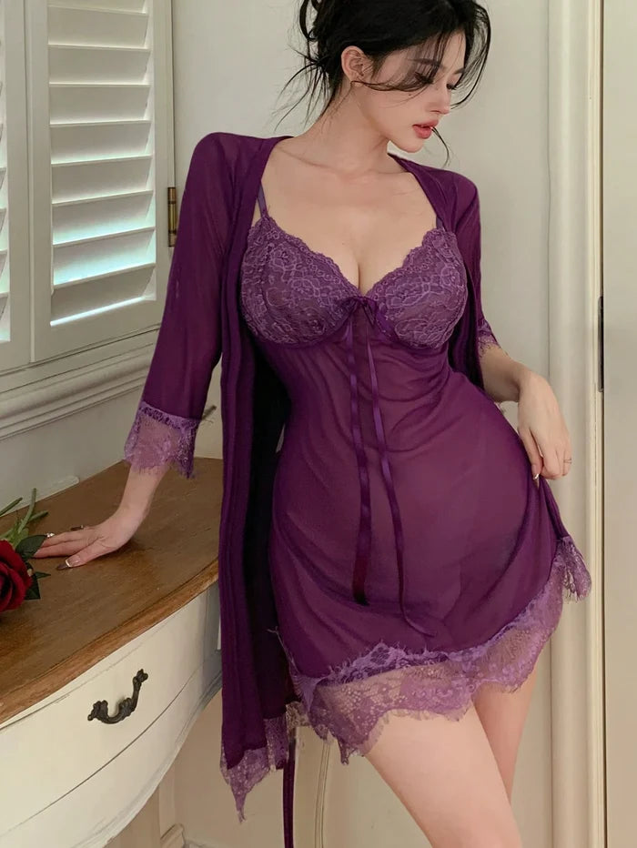 SHEIN Purple Lace Mesh Nightdress & Robe Set - SHEIN Fast Delivery in 5 Days
