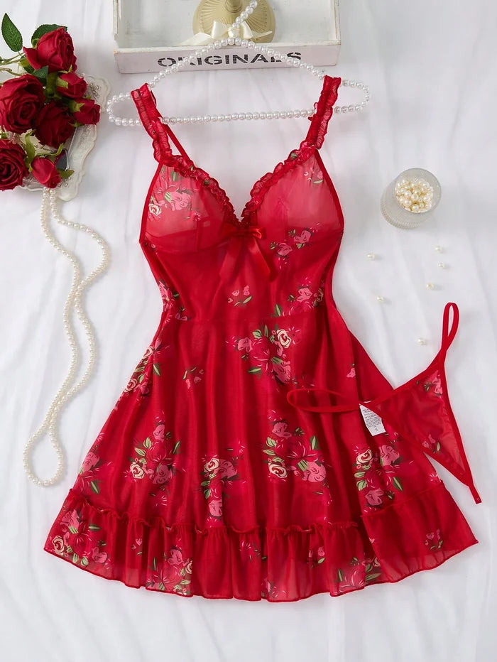 SHEIN Red Floral Mesh Cami Nightdress Set - SHEIN Fast Delivery in 5 Days