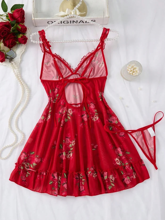 SHEIN Red Floral Mesh Cami Nightdress Set - SHEIN Fast Delivery in 5 Days