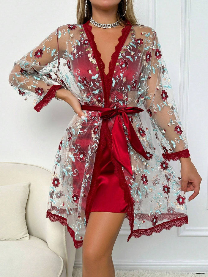 SHEIN Red Satin Floral Lace Nightdress Set - SHEIN Fast Delivery in 5 Days
