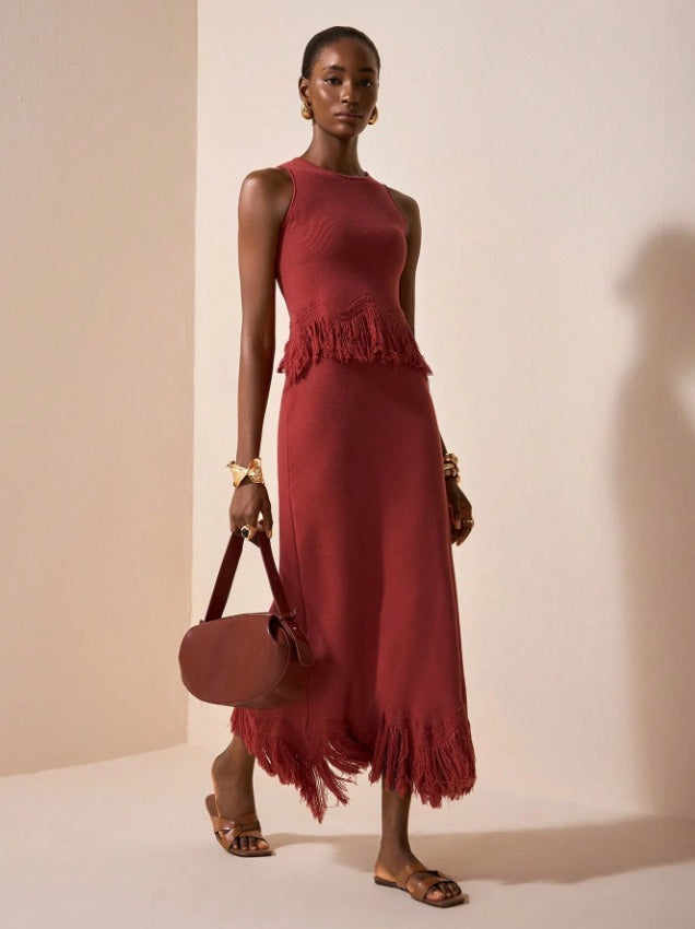 SHEIN Rust Red Fringe Knit Two-Piece Dress Set - SHEIN Fast Delivery in 5 Days