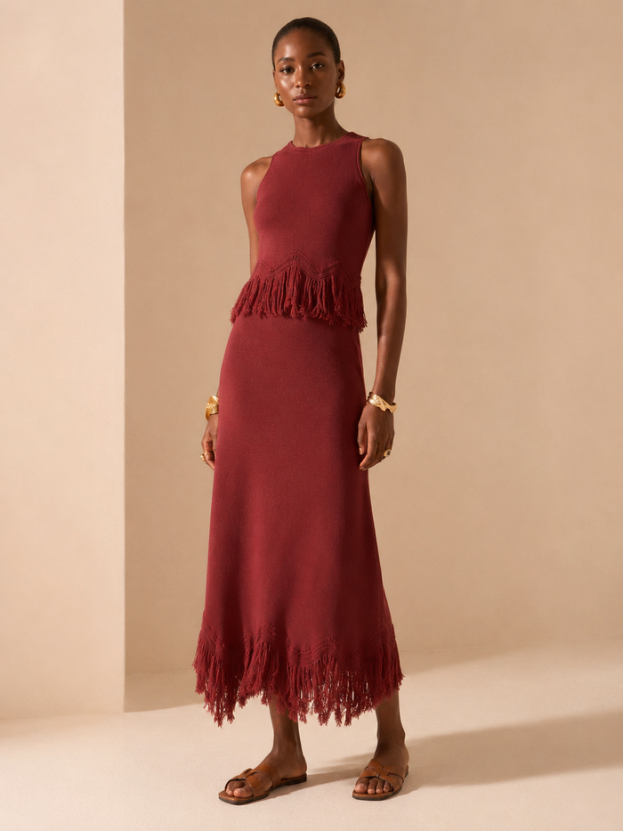 SHEIN Rust Red Fringe Knit Two-Piece Dress Set - SHEIN Fast Delivery in 5 Days