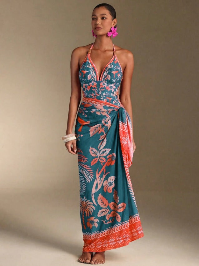 SHEIN Tropical Halter Maxi Dress with Side Tie - SHEIN Fast Delivery in 5 Days