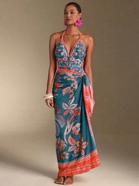 SHEIN Tropical Halter Maxi Dress with Side Tie - SHEIN Fast Delivery in 5 Days