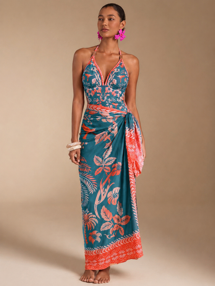 SHEIN Tropical Halter Maxi Dress with Side Tie - SHEIN Fast Delivery in 5 Days
