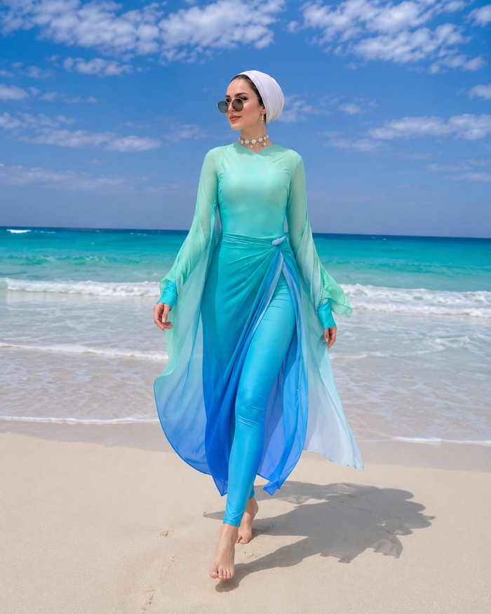 SHEIN Turquoise Modest Swim Set with Pants, Skirt & Cover-Up - SHEIN Fast Delivery in 5 Days