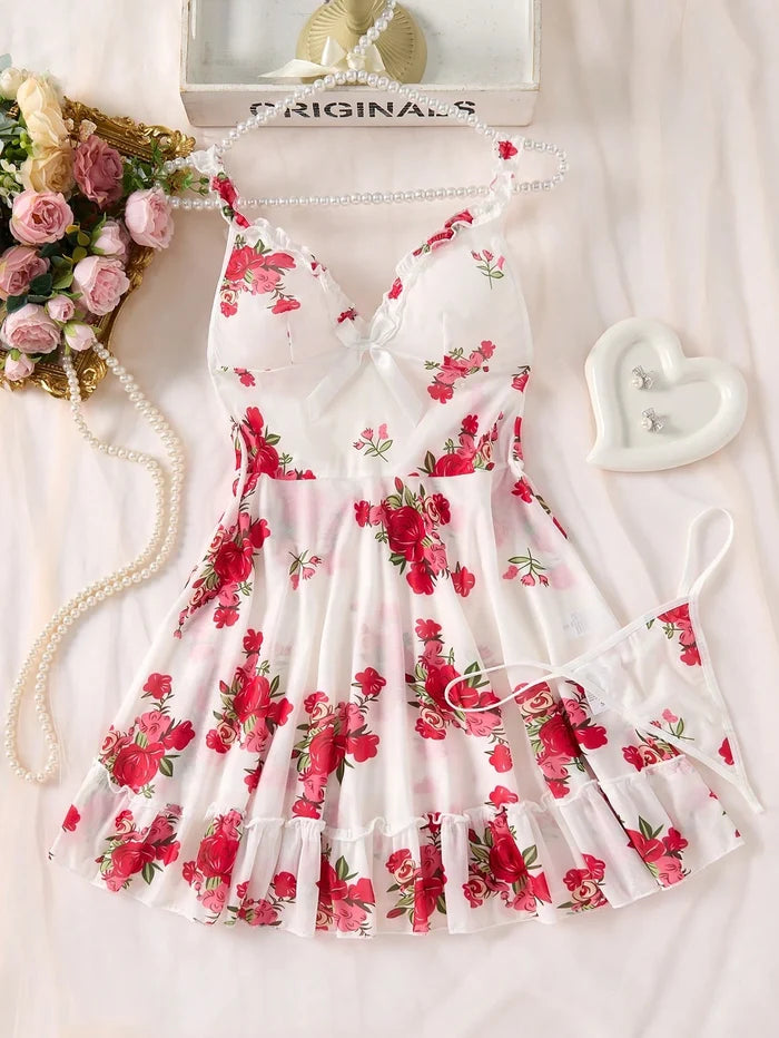 SHEIN White Floral Mesh Cami Nightdress Set - SHEIN Fast Delivery in 5 Days