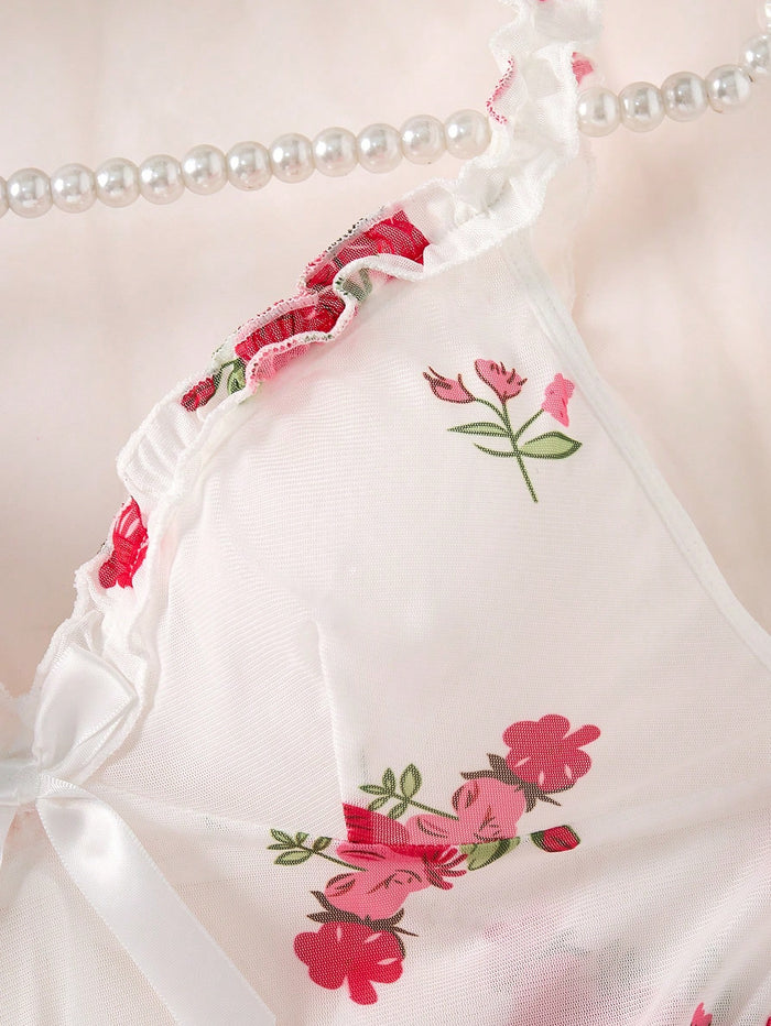 SHEIN White Floral Mesh Cami Nightdress Set - SHEIN Fast Delivery in 5 Days