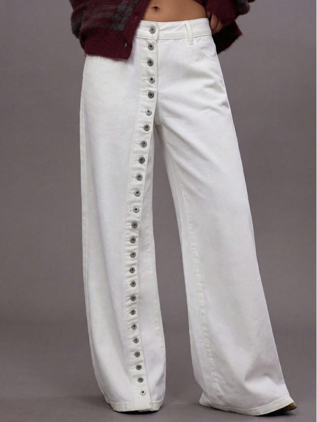 SHEIN White Wide-Leg Button Front Jeans - SHEIN Fast Delivery in 5 Days