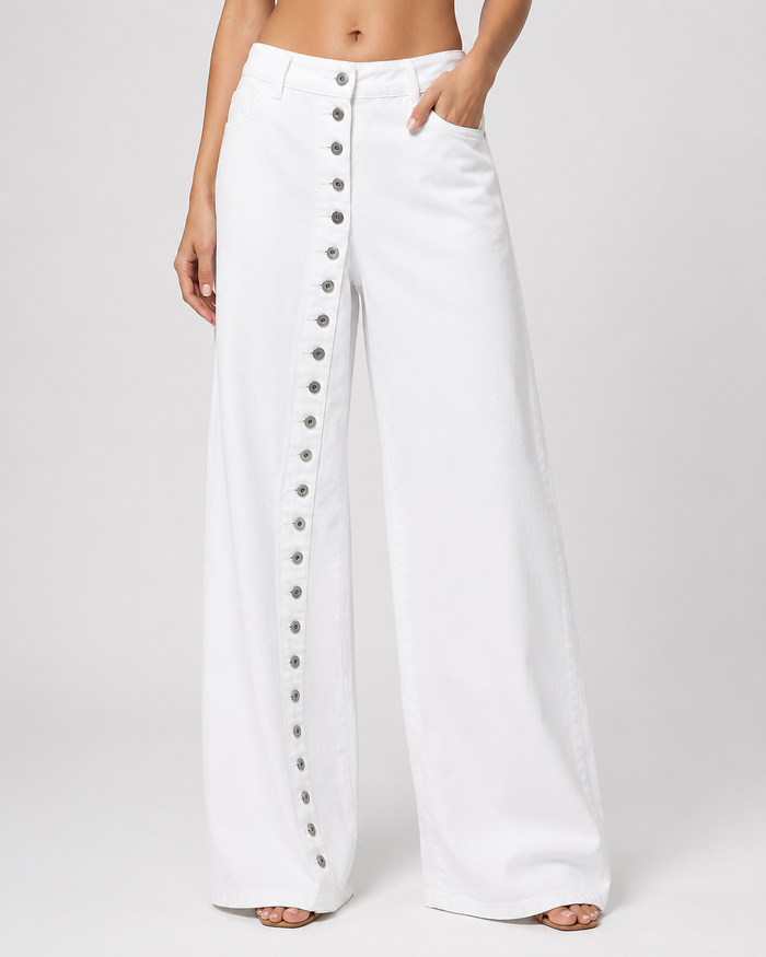 SHEIN White Wide-Leg Button Front Jeans - SHEIN Fast Delivery in 5 Days