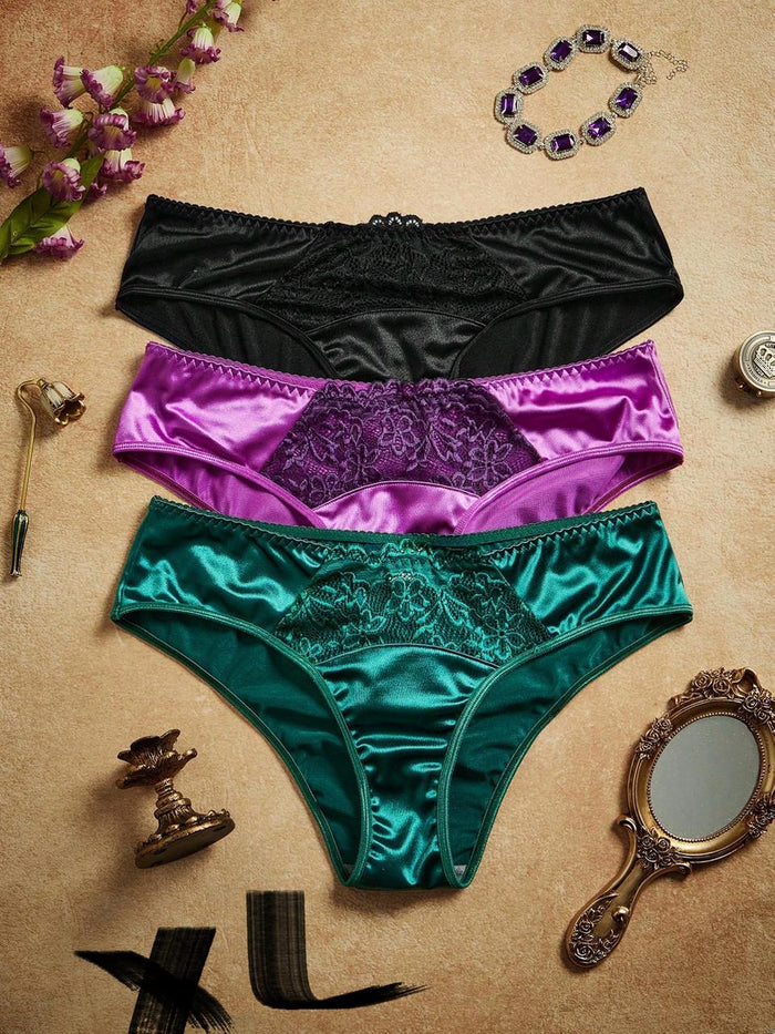 SHEIN Women 3-Pack Satin Lace Panel Panty Set