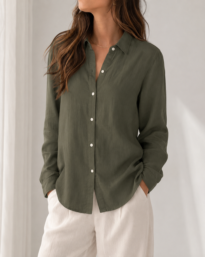SHEIN Women Army Green Button Front Long Sleeve Shirt
