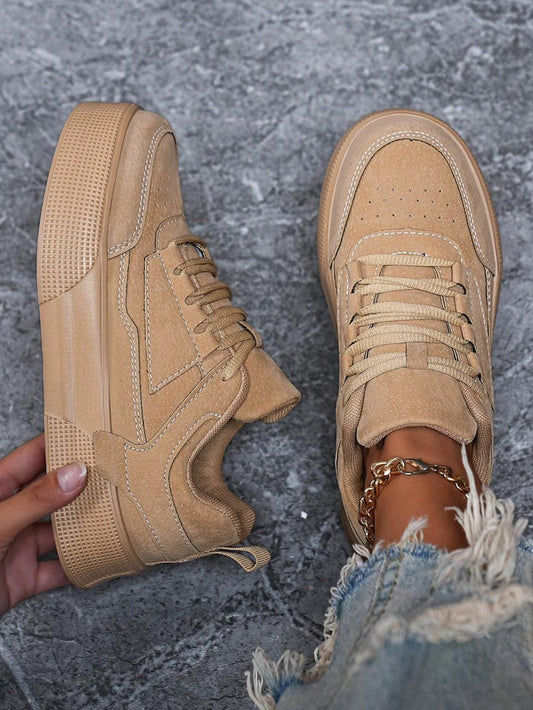 SHEIN Women Beige Suede-Look Platform Lace-Up Sneakers