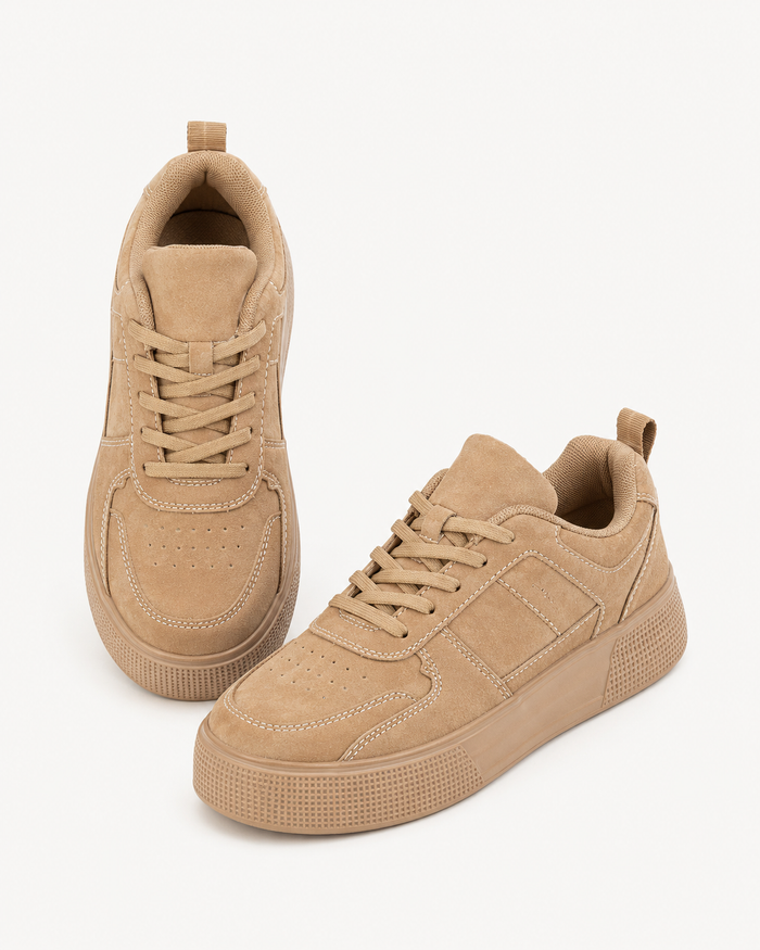 SHEIN Women Beige Suede-Look Platform Lace-Up Sneakers