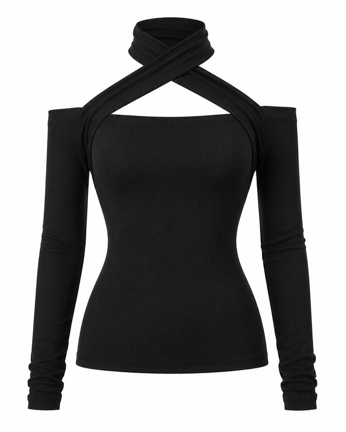 SHEIN Women Black Cross Neck Cut Out Long Sleeve Top