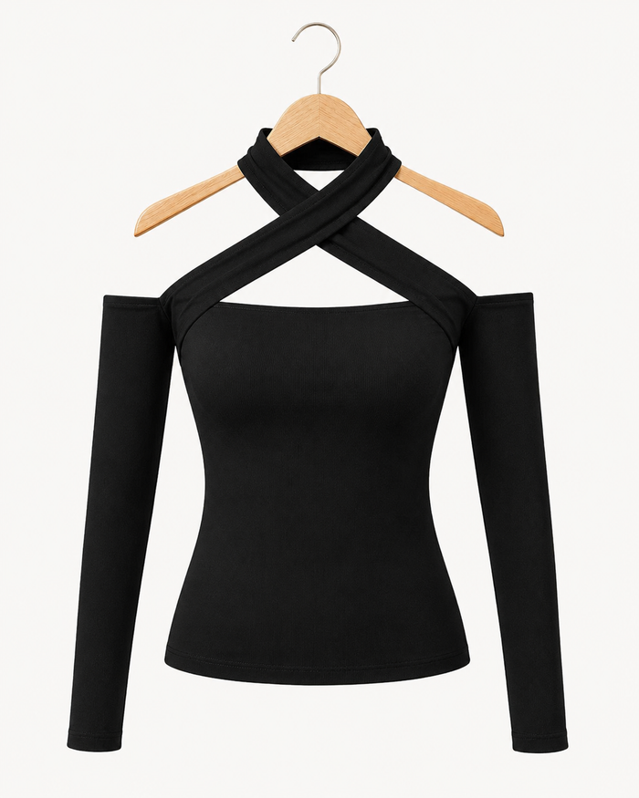 SHEIN Women Black Cross Neck Cut Out Long Sleeve Top