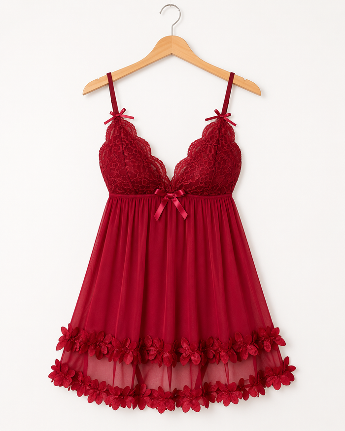 SHEIN Women Burgundy Lace Mesh Babydoll Nightdress
