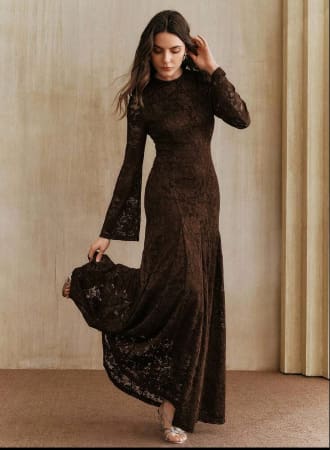SHEIN Women Coffee Brown Lace Long Sleeve Maxi Dress
